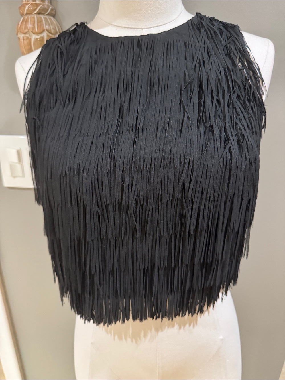 Nicole Miller Black Fringe Crop Top - Layered Tassel Detail